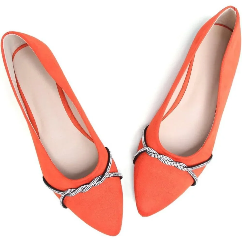 Women's Orange Casual Flats Fashion Chain Pointed Toe Ballet Flat Rhinestone
